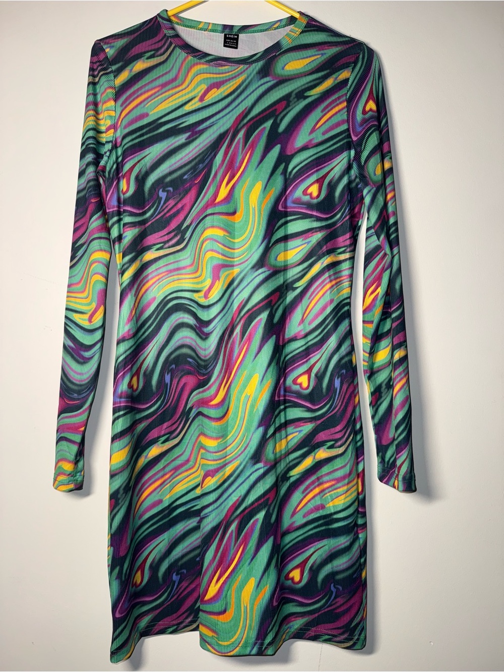 SHEIN Teal, Purple & Yellow Swirl Long-Sleeve Dress